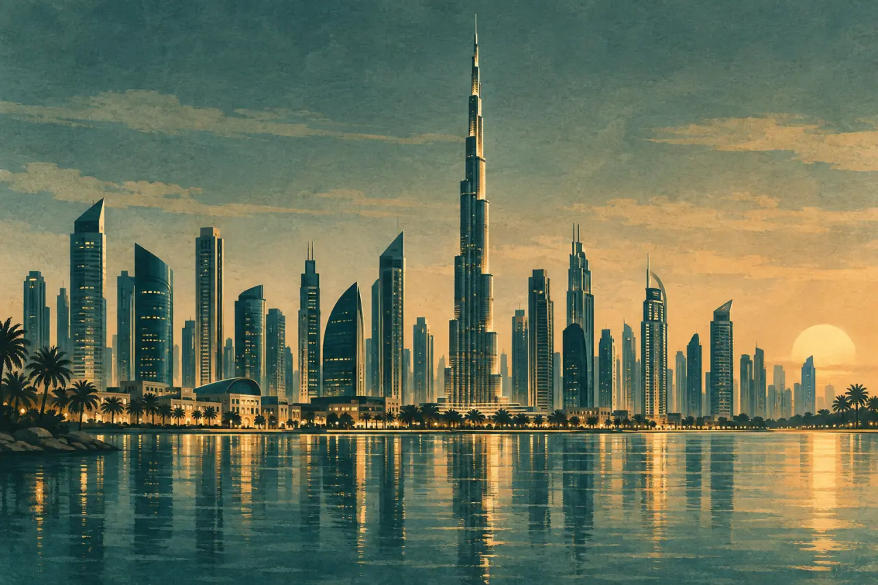 Editorial illustration of the Dubai skyline in muted greens and gold