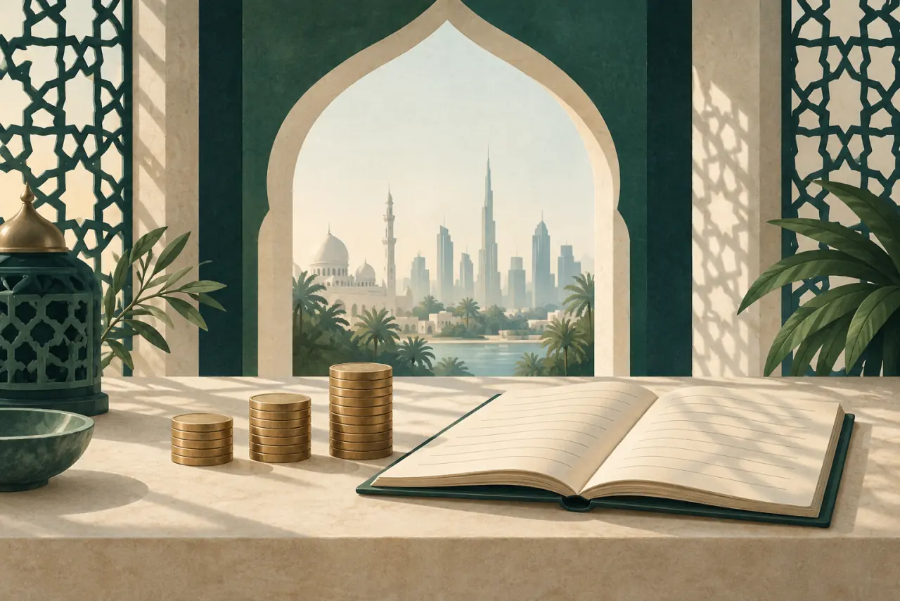 Editorial illustration of finance and Islamic architecture
